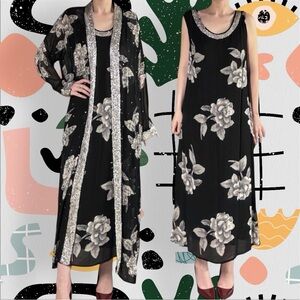 Roaman’s | Vintage 2 Piece Long Floral Dress and Matching Sequin Beaded Jacket